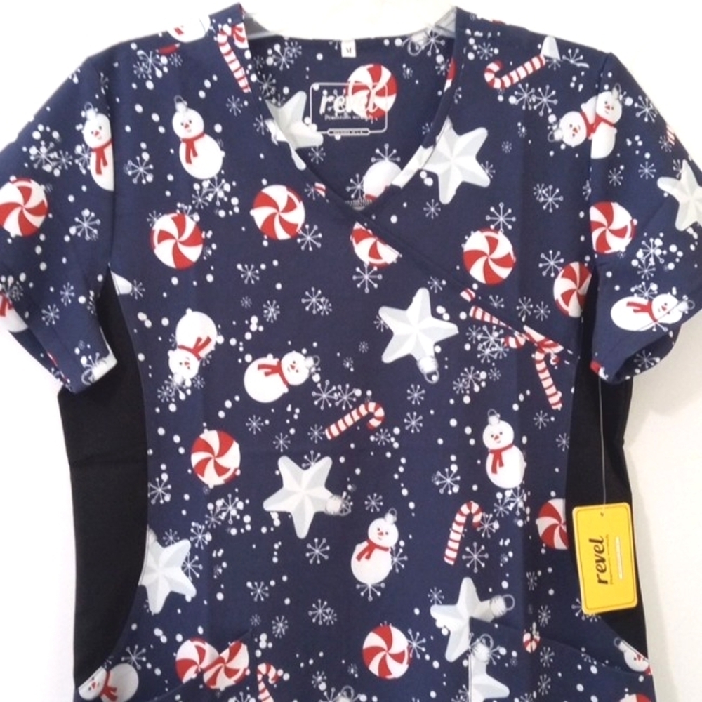 REVEL MEDICAL SCRUB TOP - Navy, Red, White - Candy Canes Snowman SIZE Medium NWT - Picture 4 of 13